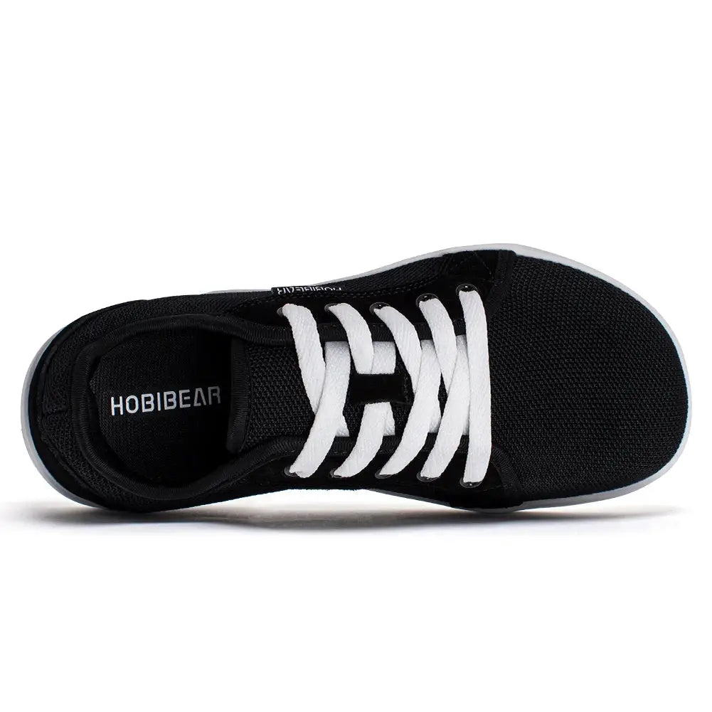 HOBIBEAR wide barefoot shoes, black mesh upper with white laces, unisex minimalist sneakers