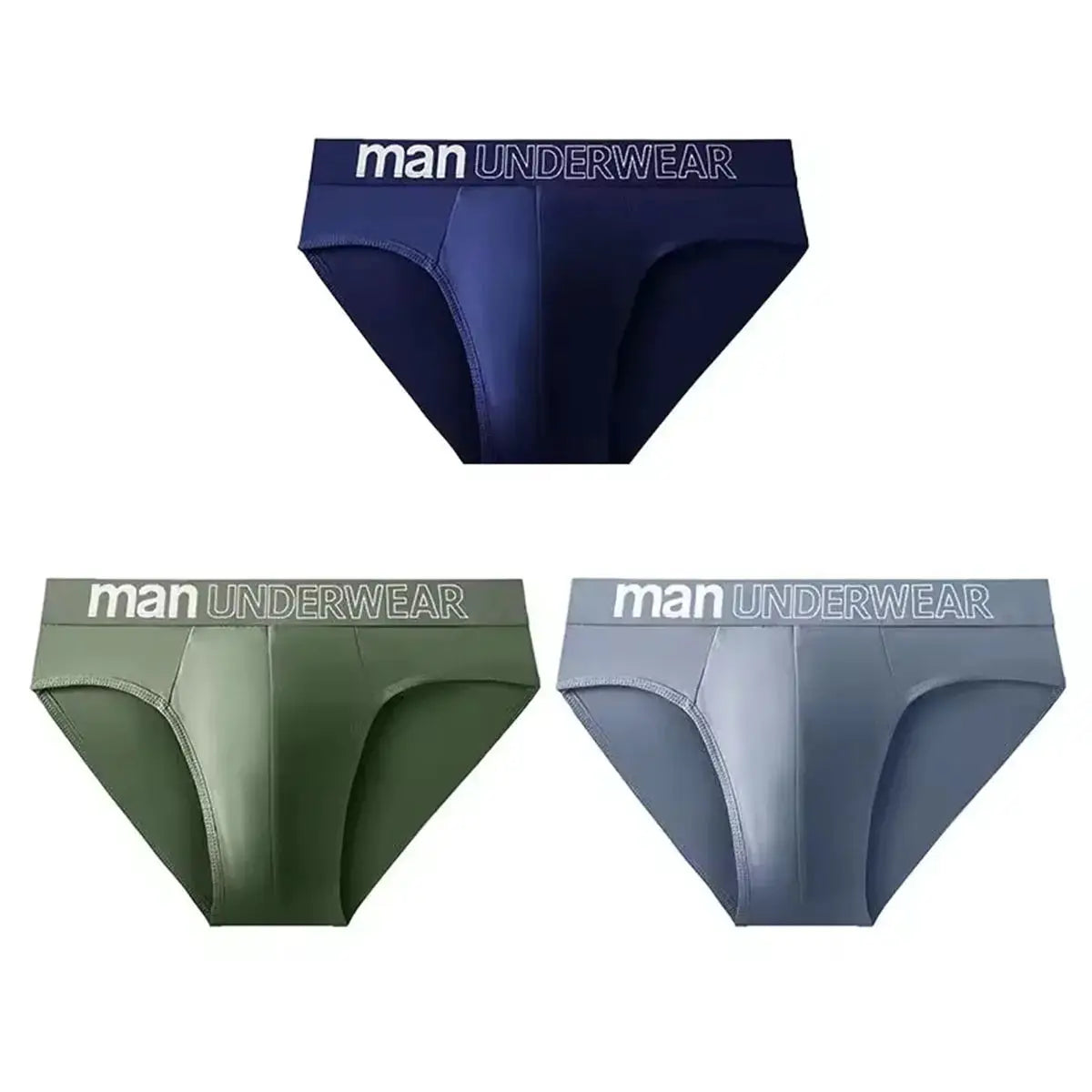 Men's briefs 3-pack with branded waistband man UNDERWEAR in navy, olive green, and light gray