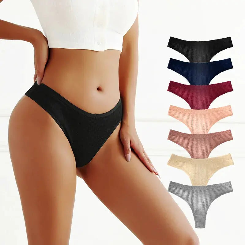 7-piece Simples Market women's cotton thongs; rib-knit fabric, assorted colors (black, navy, burgundy, pink, peach, beige, gray)