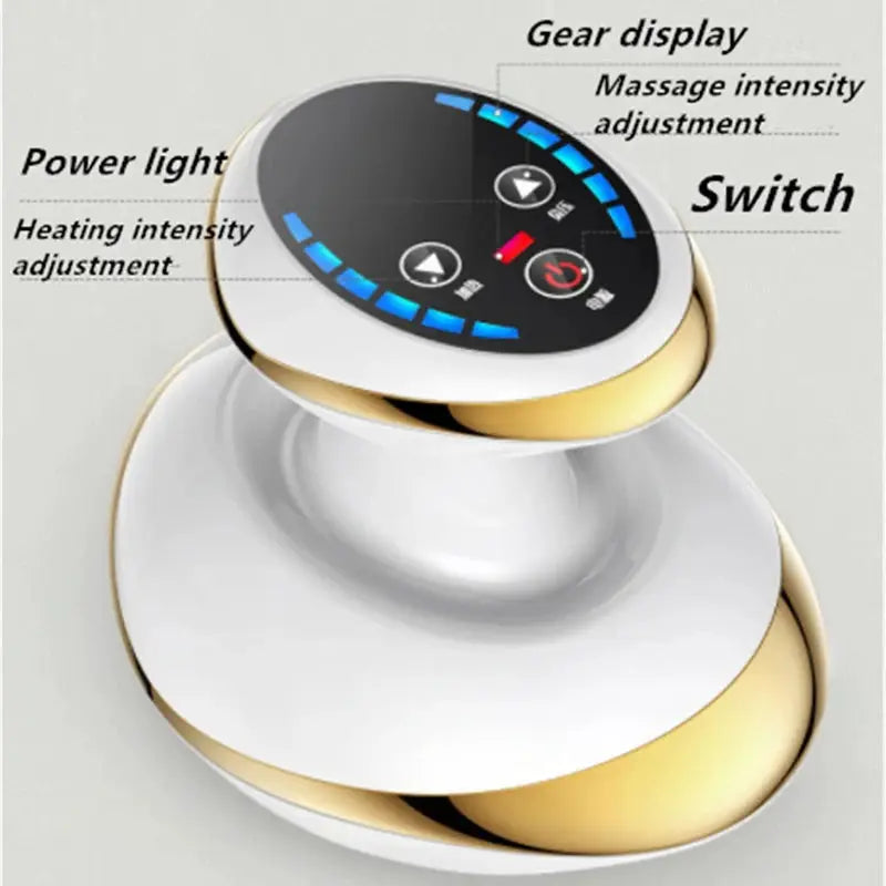 Electric cupping massage massager by Simples Market; white and gold body with black control panel and blue indicators