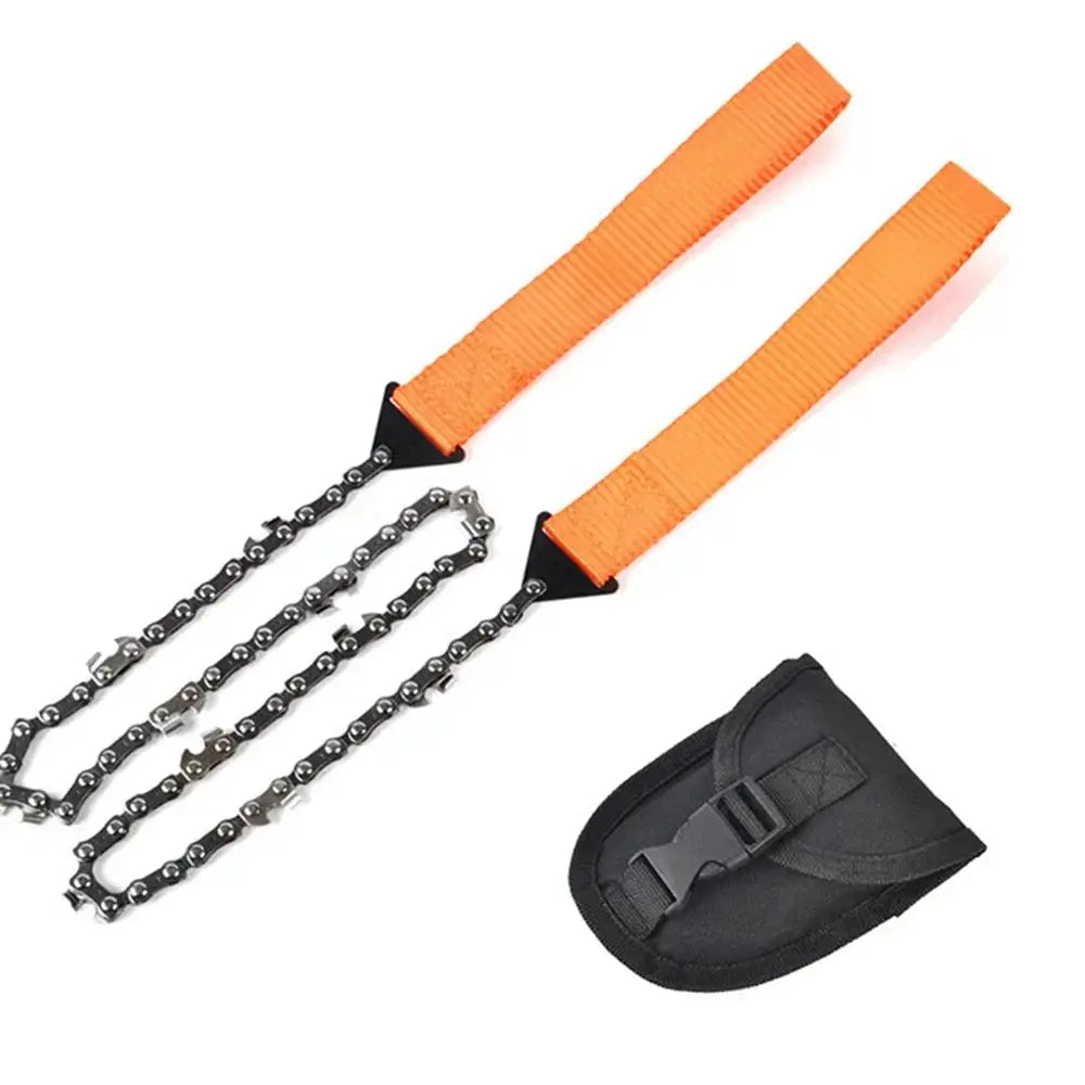 Portable survival chain saw with two orange handles, metal chain, and black sheath