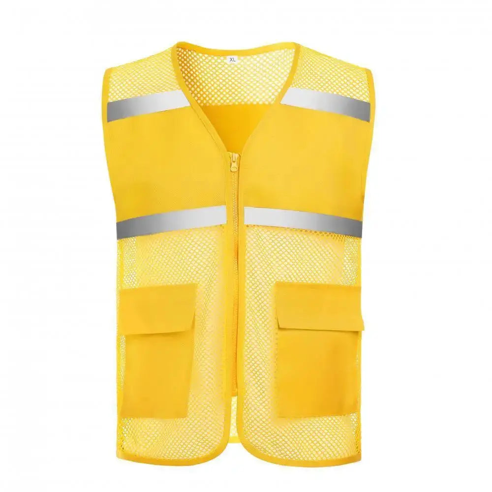 Volunteer fishing safety vest in bright yellow mesh with reflective bands, front zipper, and two large pockets.