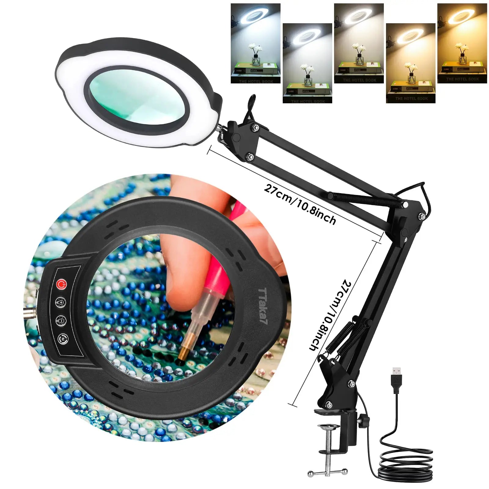 72 LED Illuminated Magnifier 8X 10X Magnification USB Desk Lamp With 3 LEDs For Soldering Repair Crafting And Beauty