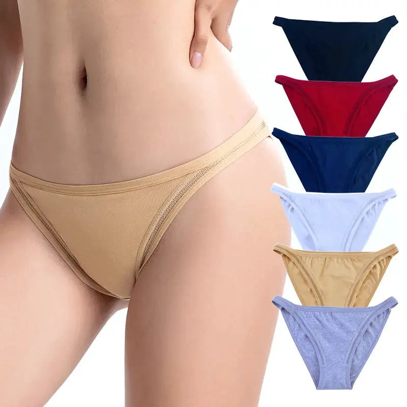 Women cotton bikini briefs; 7-piece color assortment shown (beige, black, red, navy, light blue, lavender)