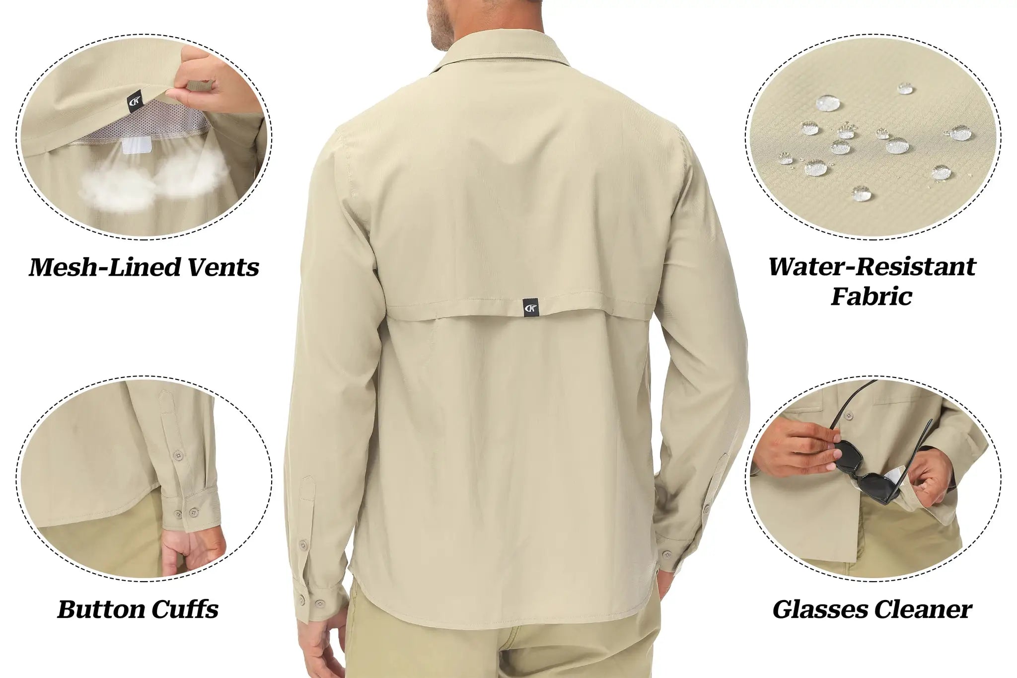 Men's long-sleeve fishing shirt by Simples Market, beige UPF 50+ breathable lightweight with zipper pocket