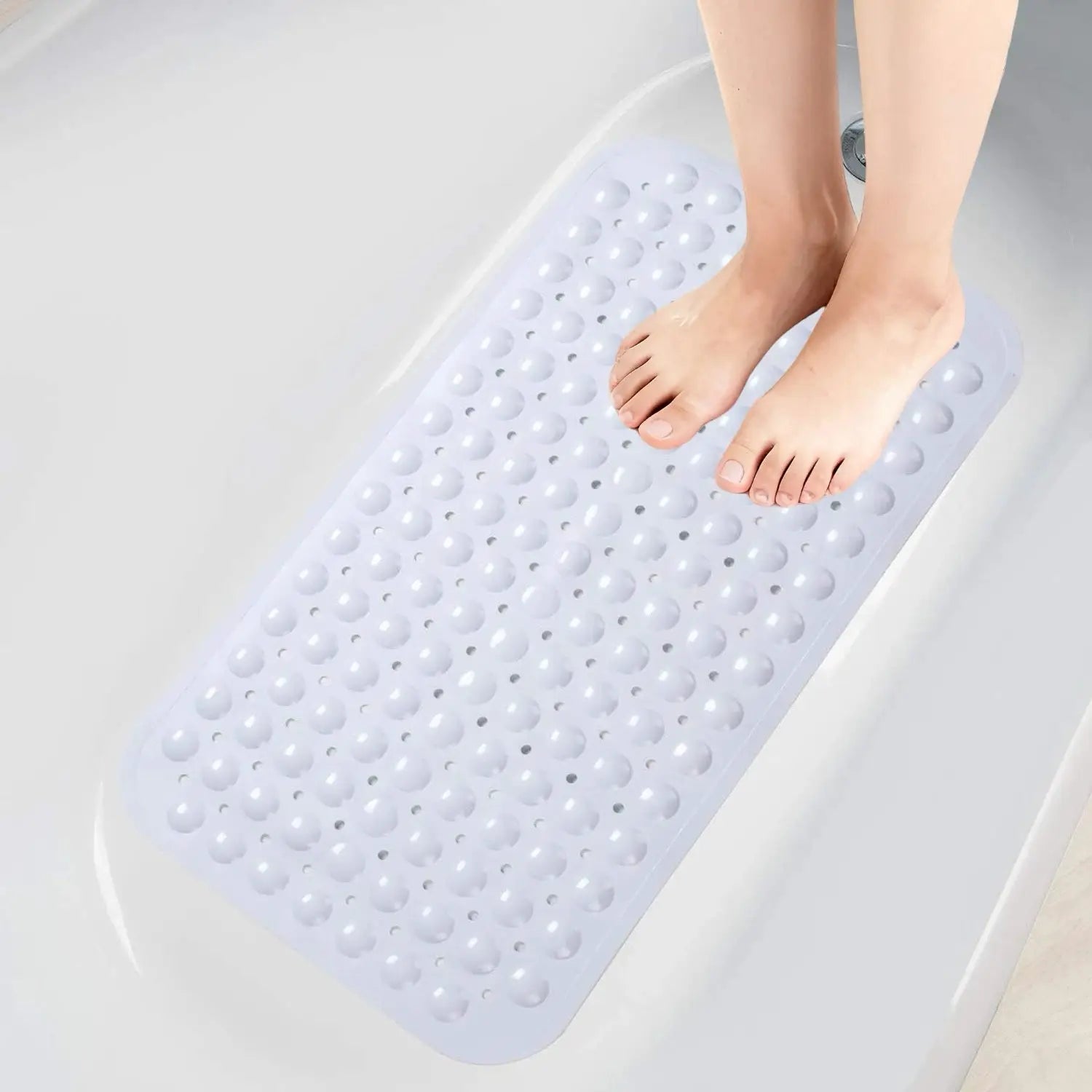 PVC non-slip bath mat with suction cups and drain holes from Simples Market, blue-tinted, 15×27.6in