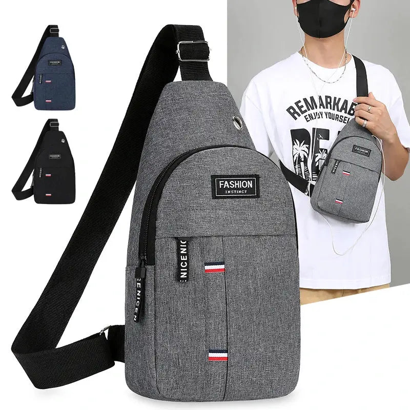 Chest bag crossbody sling by Simples Market; gray, blue and black variants shown, large-capacity with adjustable strap.
