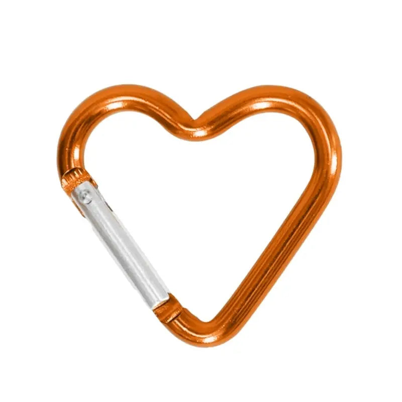 Aluminum heart-shaped carabiner with orange body and silver spring-loaded gate for backpacks and camping