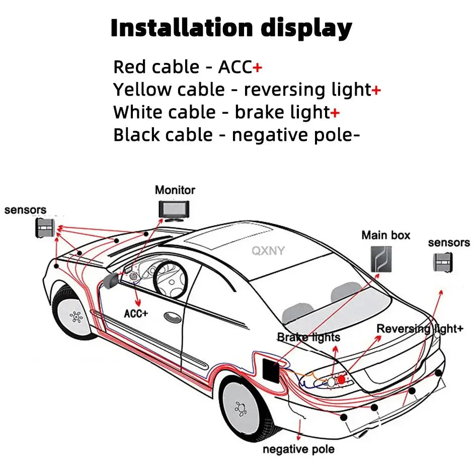 8-sensor Parktronic parking sensor kit installation diagram for front and rear car backup radar with main box.