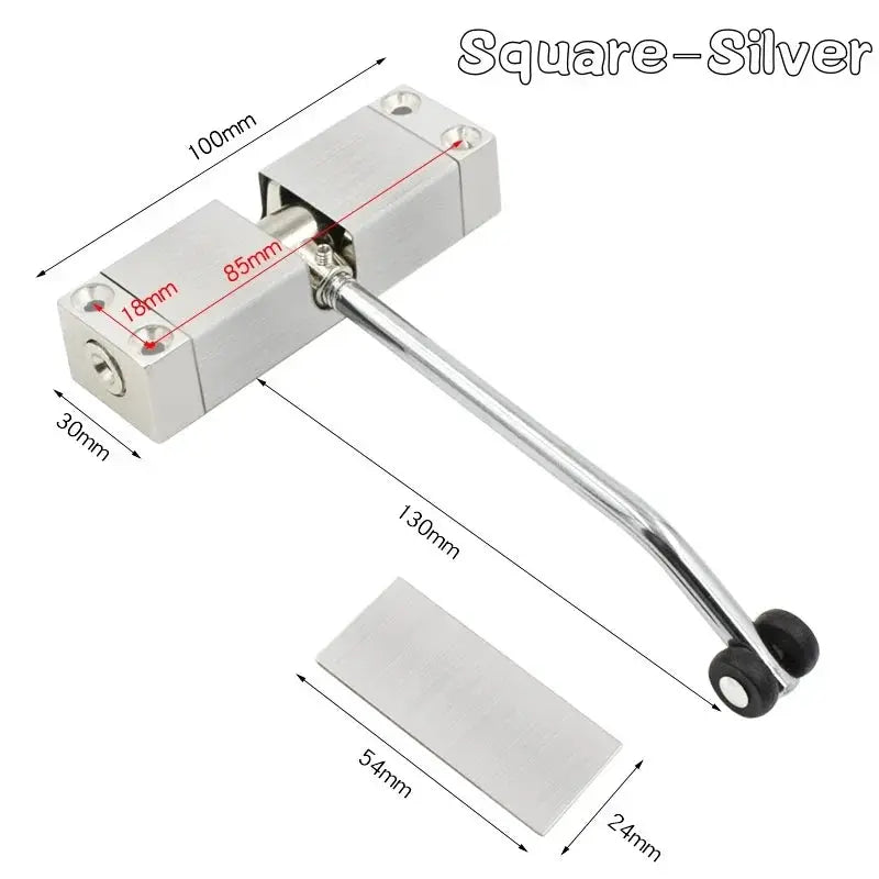 30kg adjustable tension door closer kit with square-silver body, chrome lever, and mounting plate