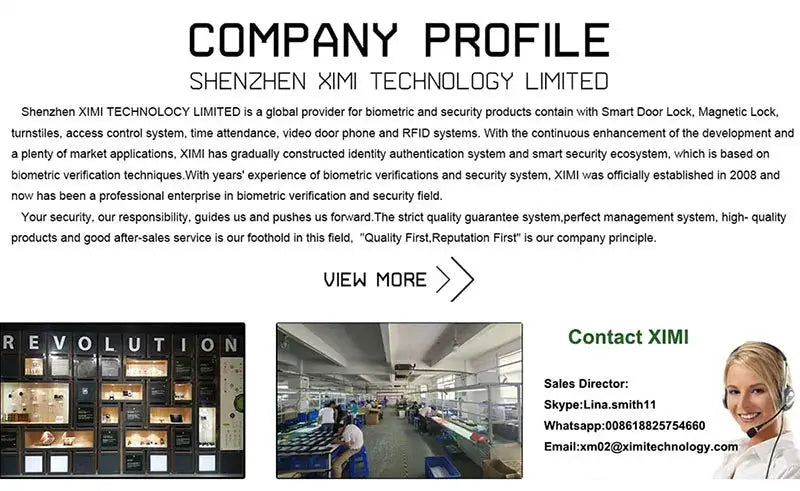 Shenzhen XIMI Technology Limited company profile collage with showroom, factory, and customer service images.