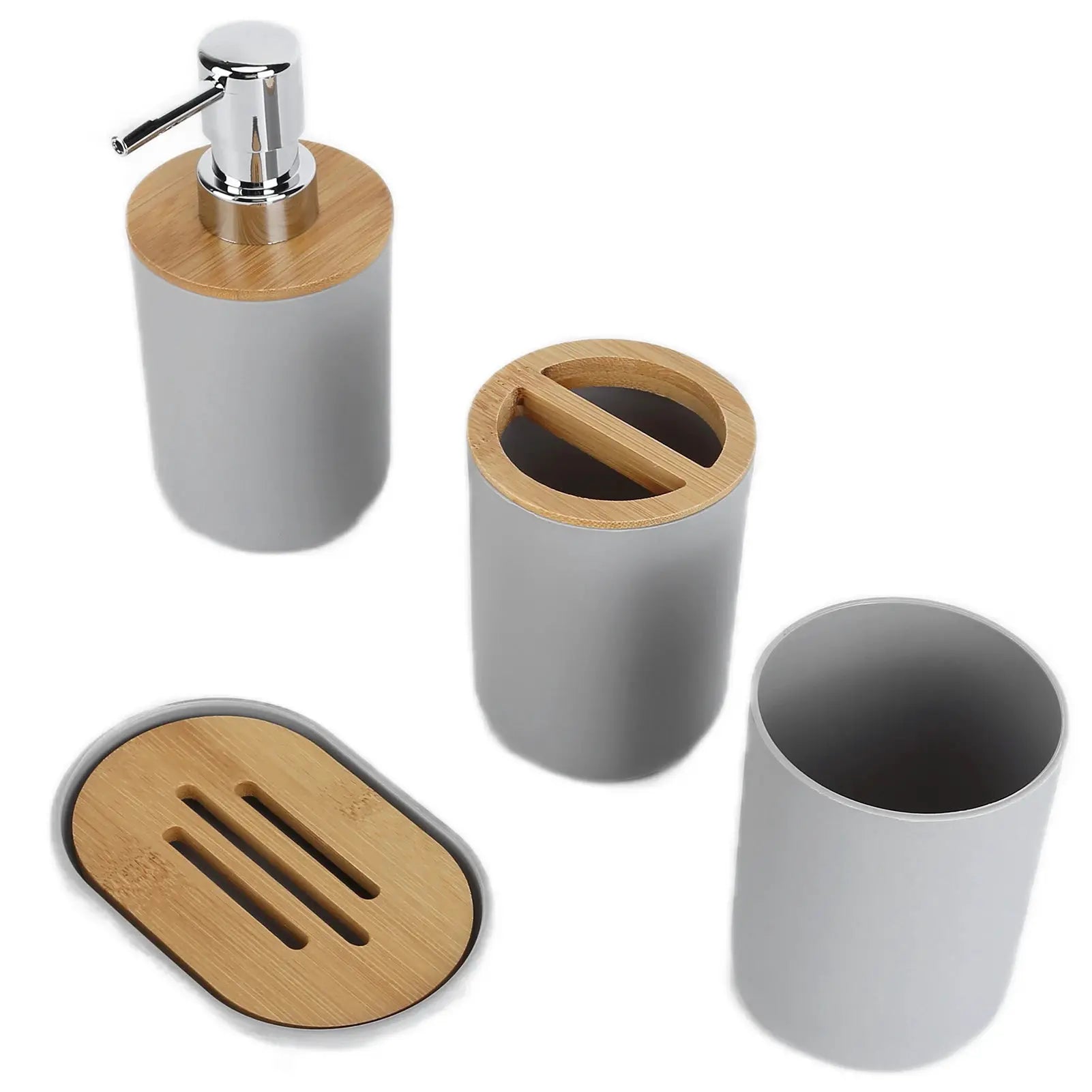 4-piece bamboo bathroom set in gray with bamboo lids: dispenser, toothbrush holder, tumbler, soap dish