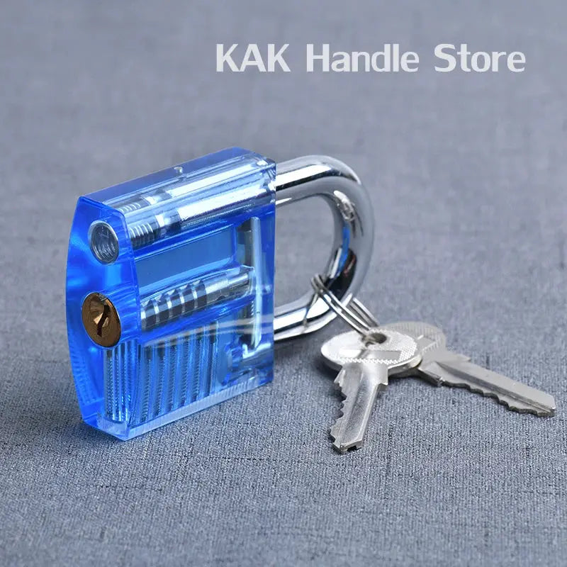KAK transparent blue practice padlock with keys on a key ring