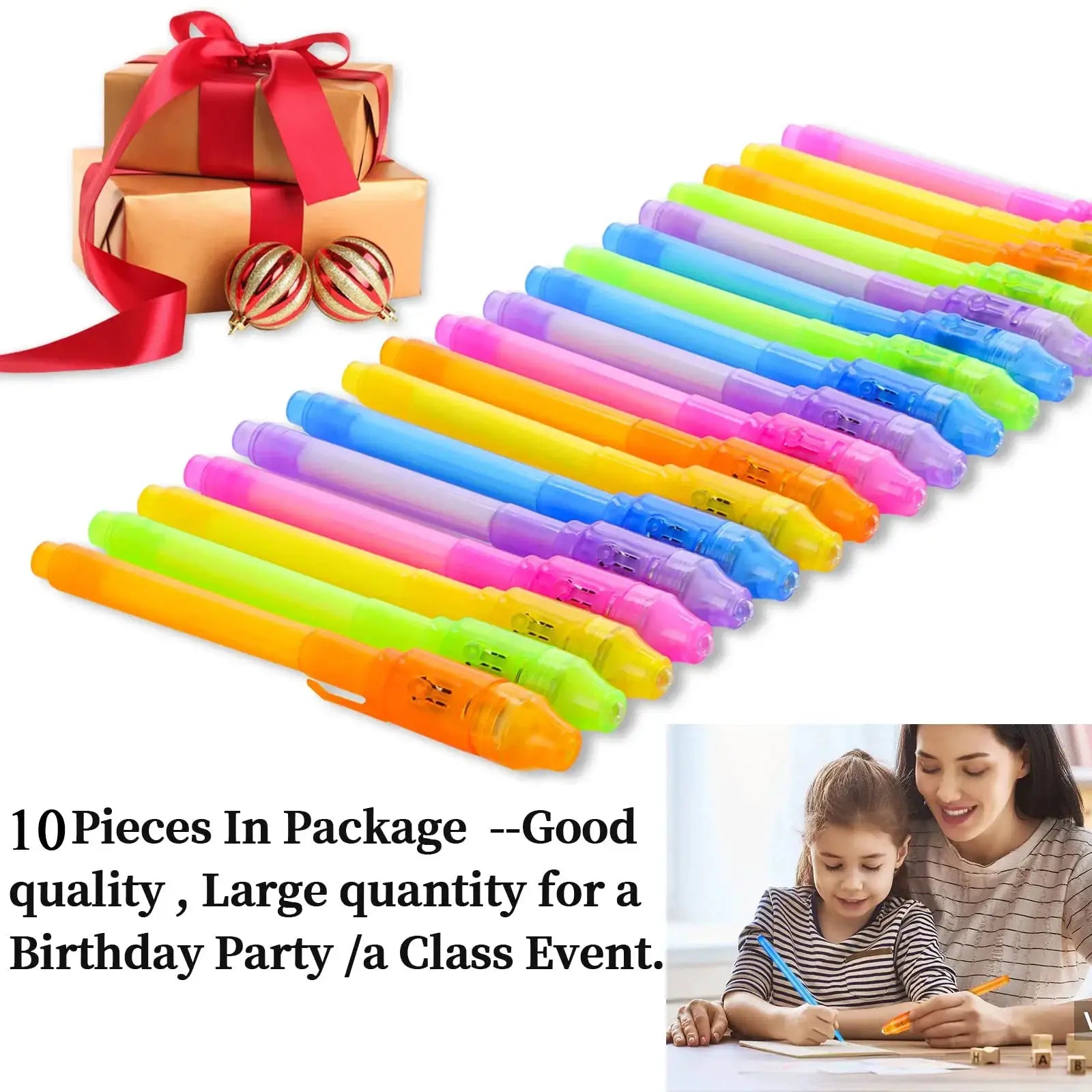 10-pack invisible ink pens with UV light in neon rainbow colors for kids’ parties