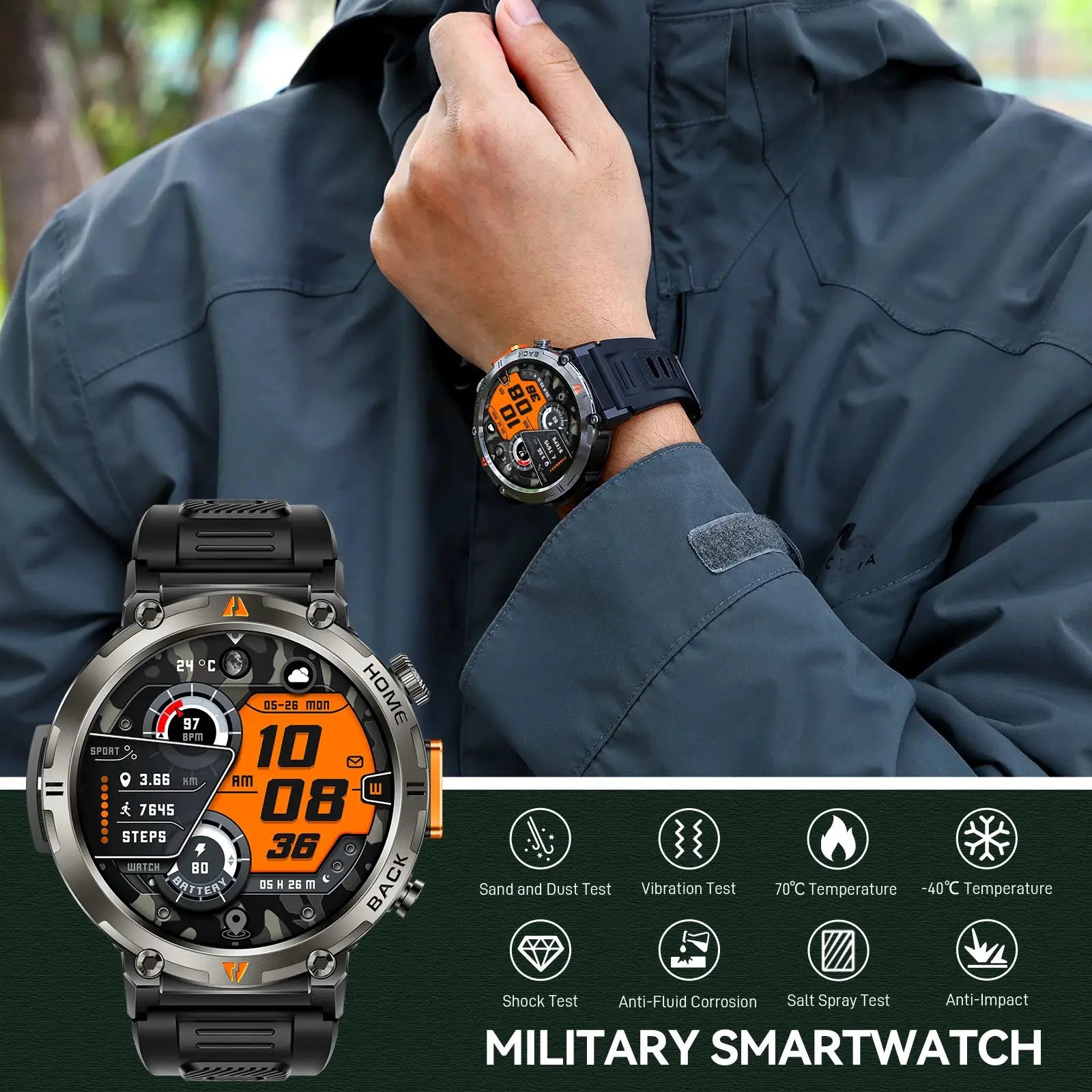 EIGIIS KE3 smartwatch on a man’s wrist; rugged round orange-dial display with black strap.