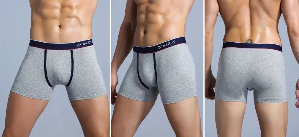 4-pack men's grey cotton boxer shorts with navy waistband and Bonitos logo.