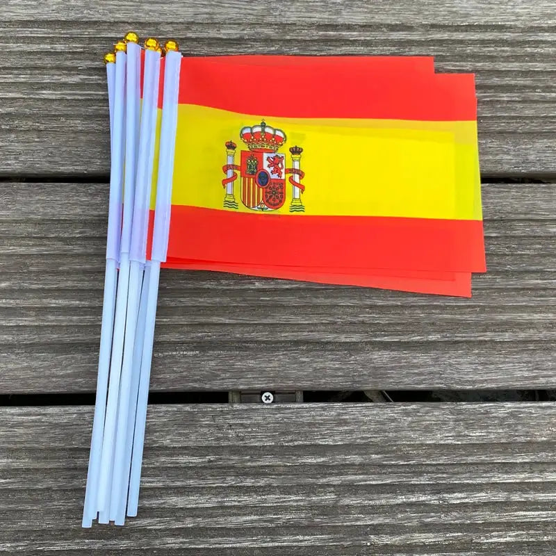 Spain National Flag Handheld Flags 14x21 Cm Plastic Flagpole 100 Pcs