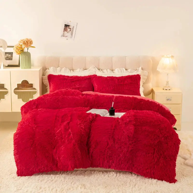 Simples Market 3-Piece Plush Duvet Cover Set on a vibrant red fluffy bedspread in a cozy bedroom.