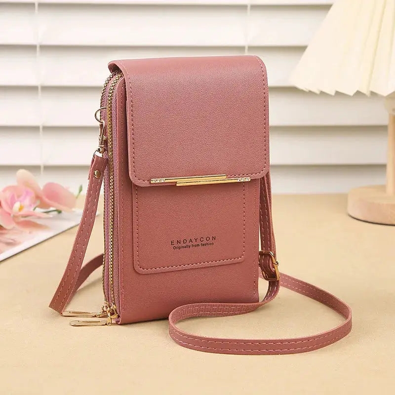 Endaycon Crazy Bag pink faux leather crossbody phone bag with card holder and front pocket