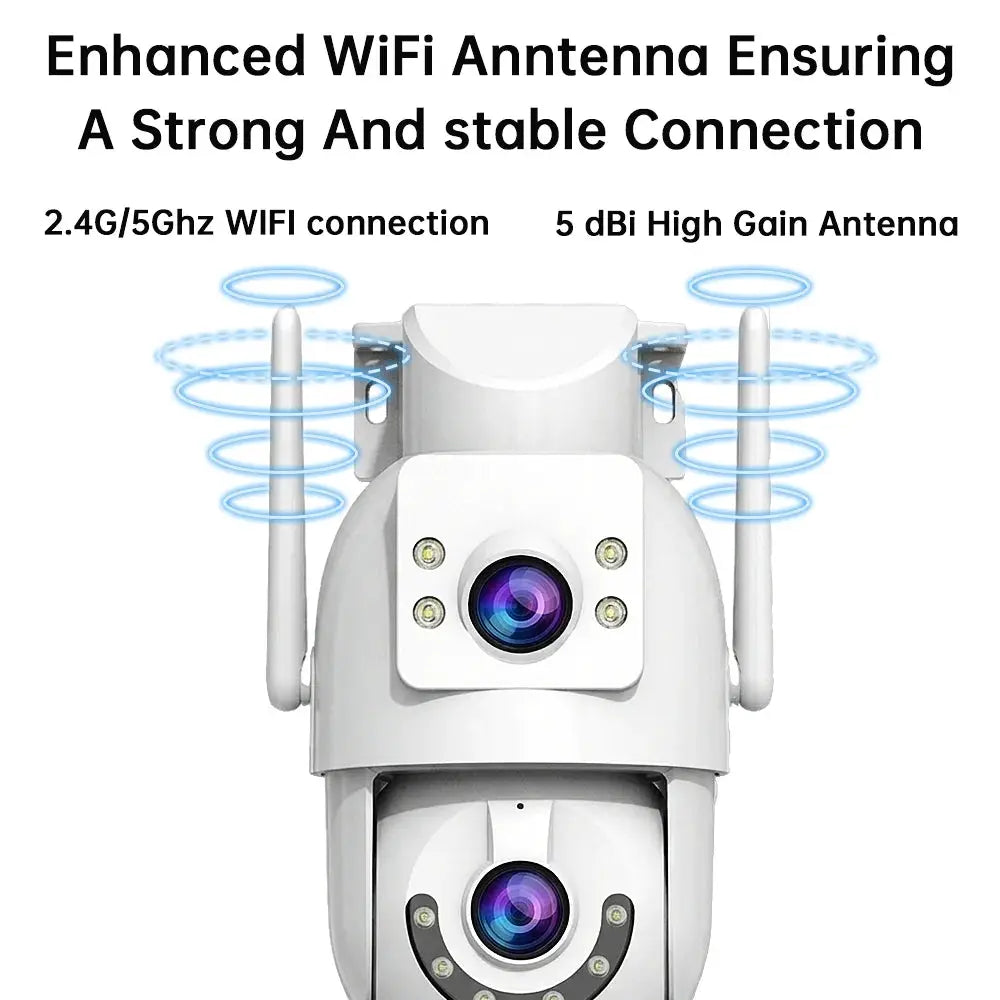 Jooan 4K 8MP outdoor PTZ camera with dual lenses, white housing, AI tracking, LED ring lights