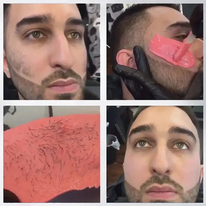 Facial waxing montage with pink wax strip and melted wax; before/after results.