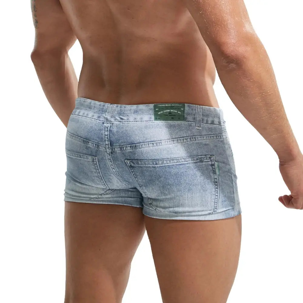 2XL Simples Market denim swim trunks; light-wash blue denim with back pocket and green label