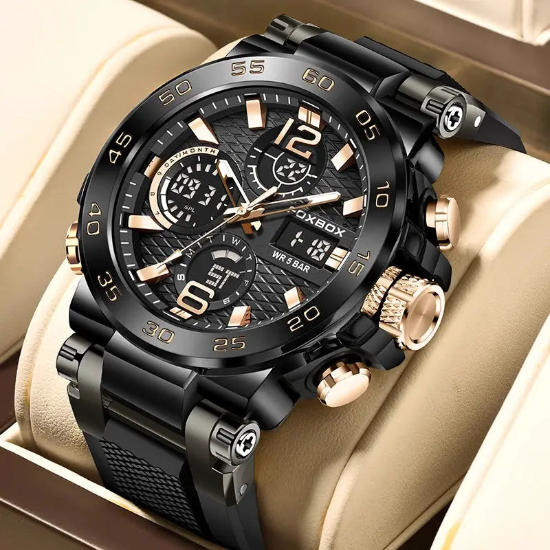 FOXBOX Sport men's digital-chronograph watch; black and rose-gold-tone stainless steel, luminous dial, water resistant.