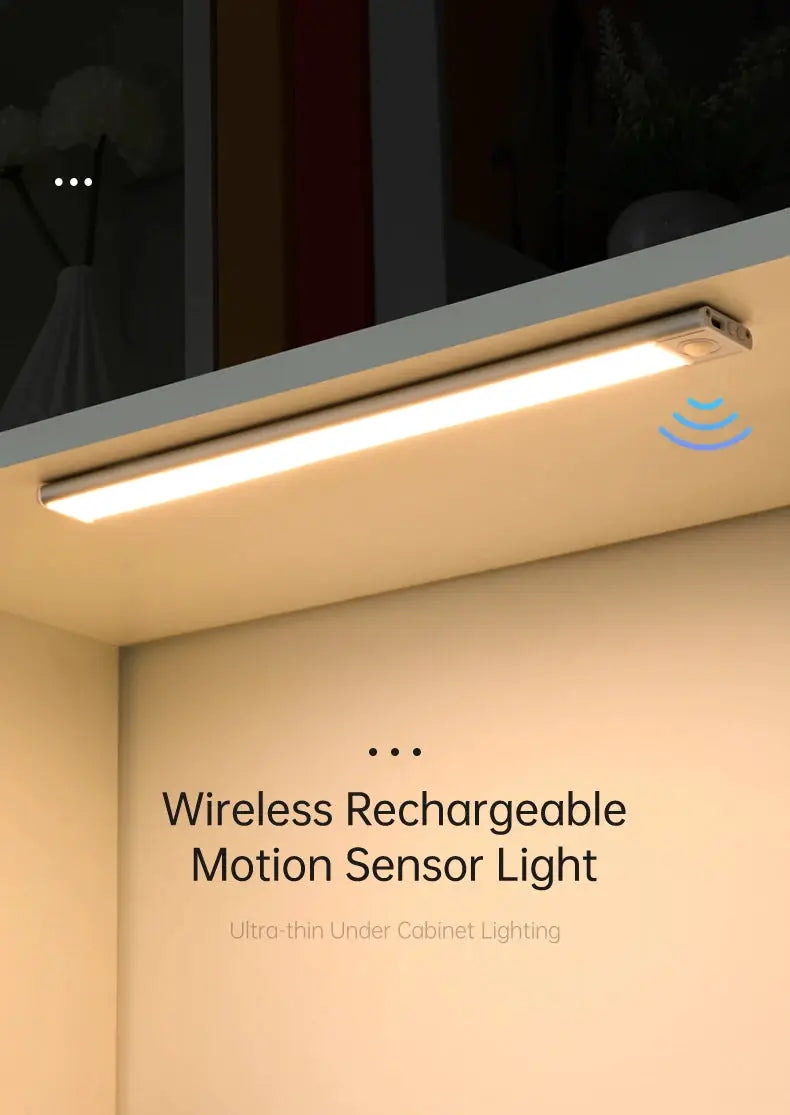 LED motion sensor light by Simples Market, wireless rechargeable ultra-thin under-cabinet lighting in warm white