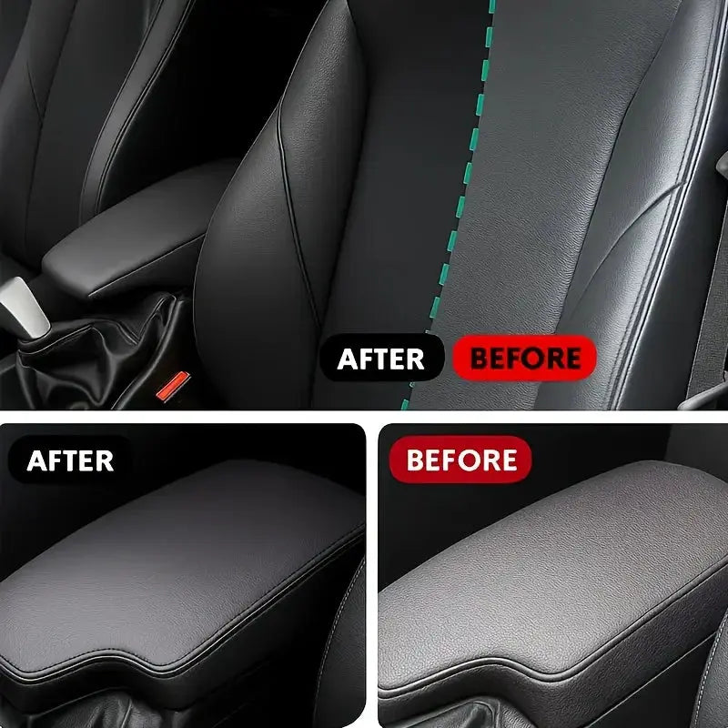 Car interior leather panel repair paste; four-panel before/after comparison of black leather seats with green stitching.