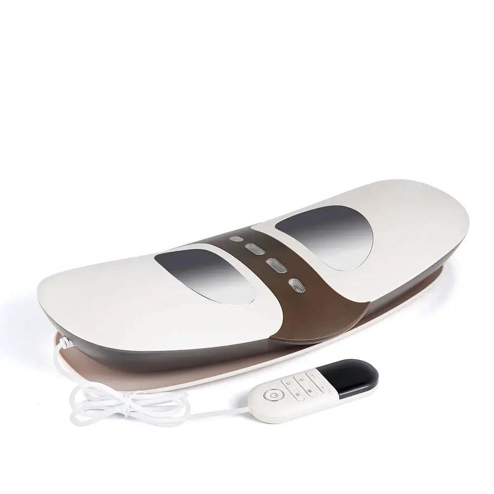 Electric lumbar traction massager by Simples Market with adjustable vibration; white belt with brown center and remote