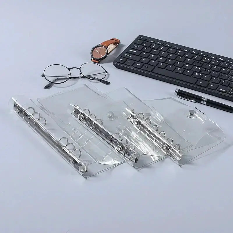 Binder covers transparent soft PVC, 6-ring, snap-button closure, fits A5/A6/A7 sizes; set of four.