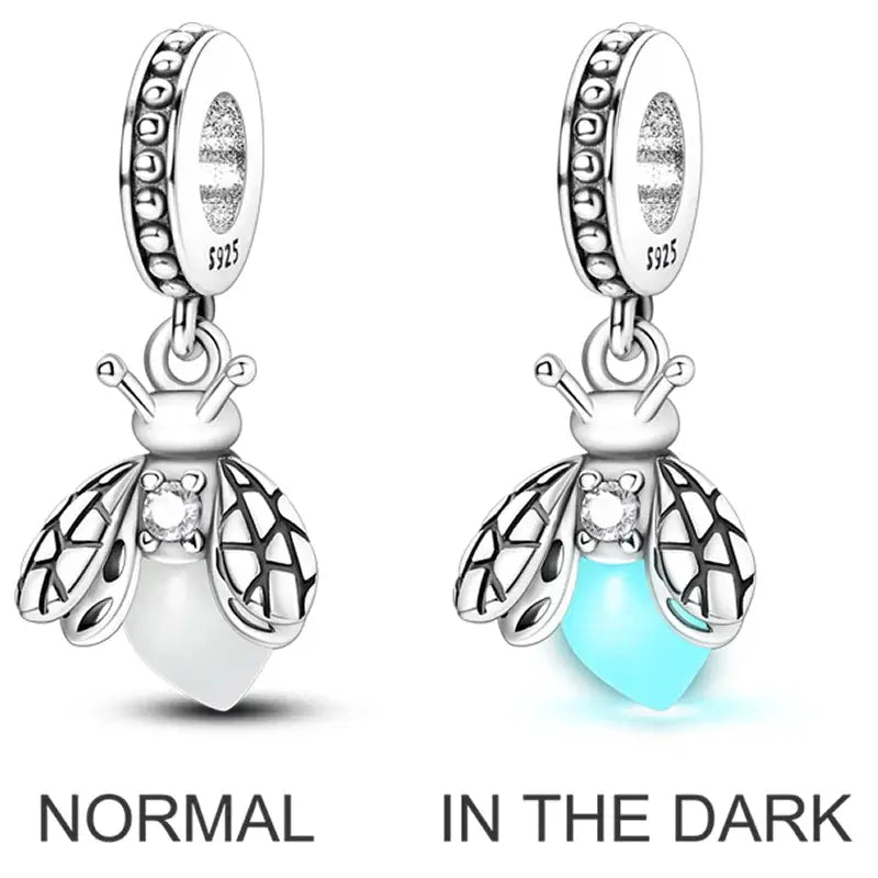 925 Sterling Silver Charms Bead Pink Butterfly Luminous Firefly Dangle Fit Bangle Bracelet Necklace DIY Jewelry
