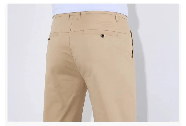HIQOR men's khaki cotton casual pants, back view with belt loops and rear pockets