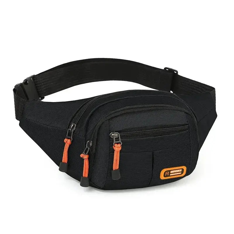 Simples Market Oxford waterproof waist bag, black with orange zipper pulls and multiple pockets.