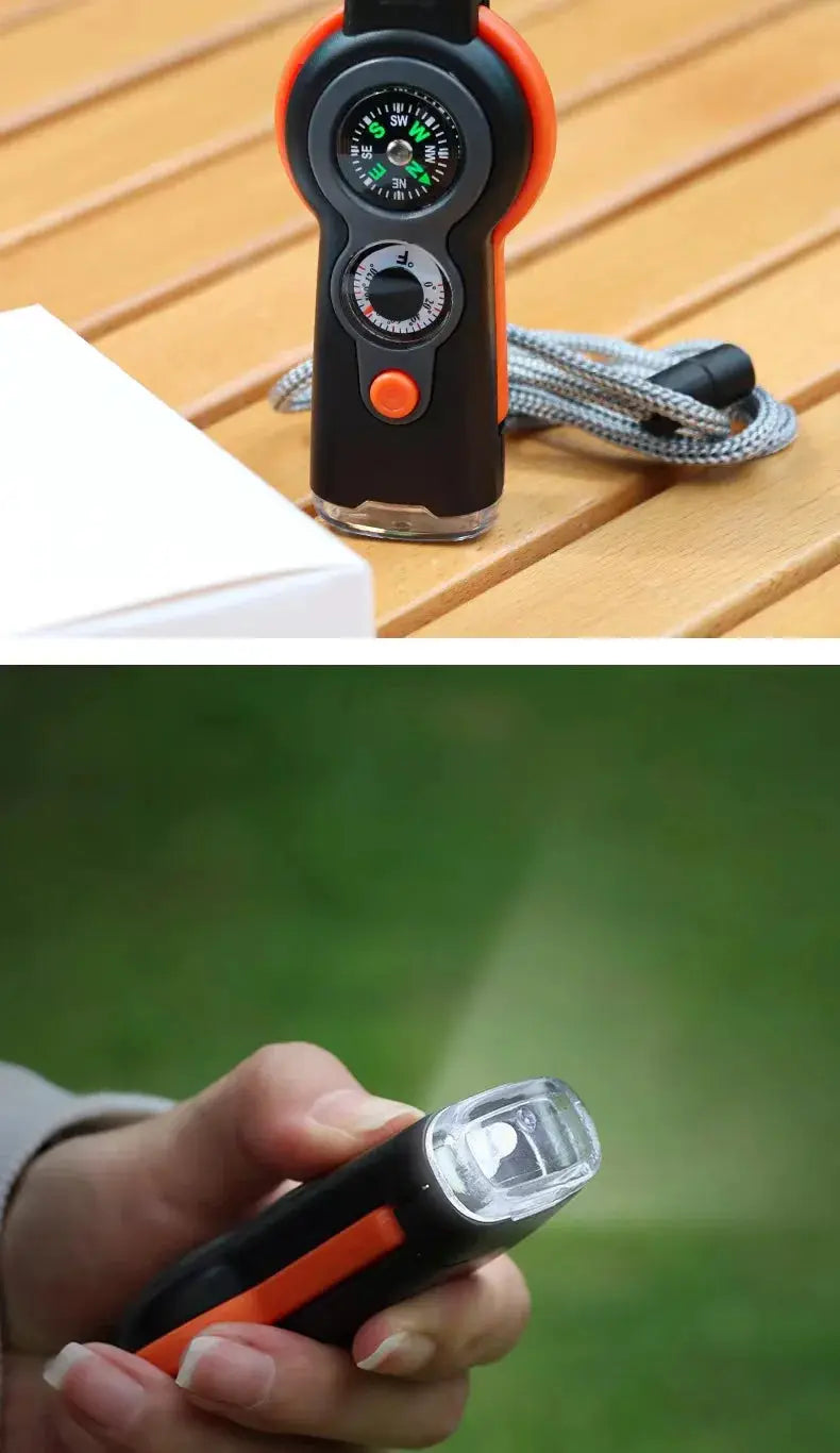 Outdoor camping 7-in-1 survival whistle with compass and built-in flashlight, black/orange