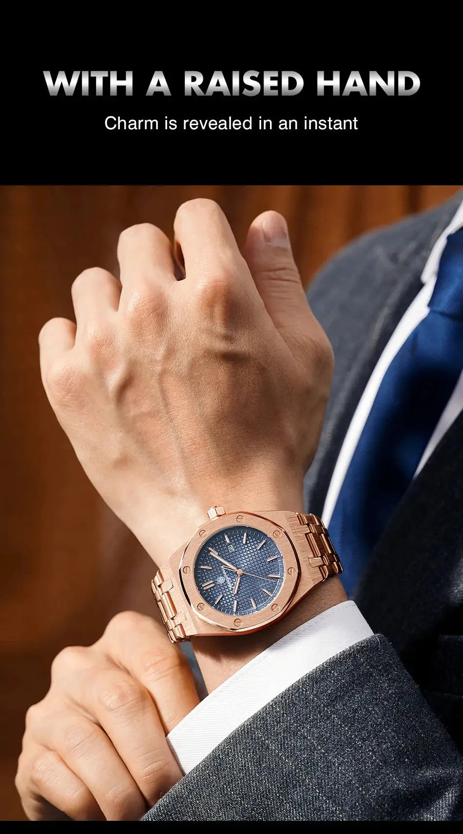 PAAZOMU square quartz men's watch, rose gold stainless steel bracelet with blue textured dial