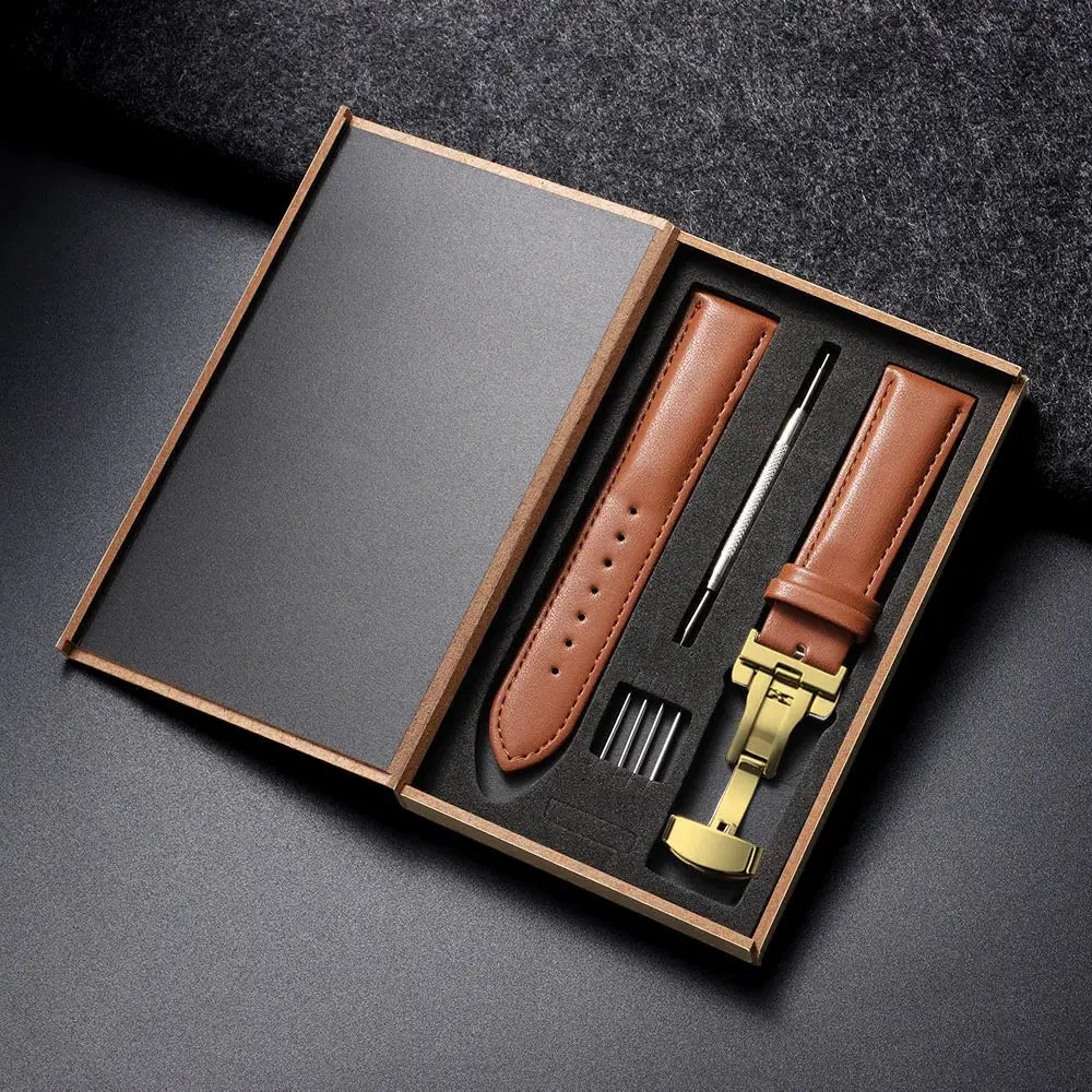 Genuine Leather Watchband 14 16 18 20 22 24mm With Automatic Butterfly Buckle For Men And Women Gift Box