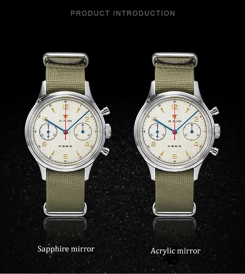 Red Star 38mm men's chronograph watch by Simples Market, two on olive NATO straps; left sapphire mirror, right acrylic mirror