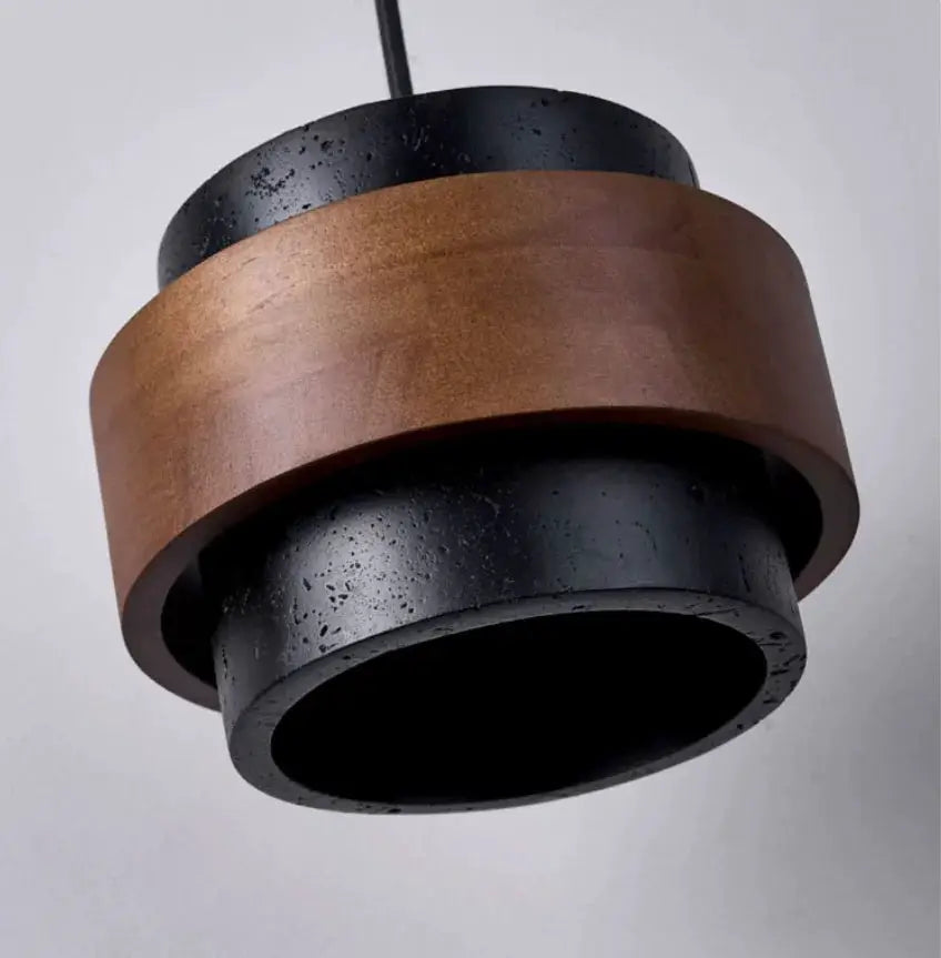 Bar pendant lamp with black speckled metal and brown wood band in Japanese wabi-sabi style