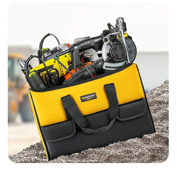 17 Inch Tool Bag by Simples Market, yellow and black large bag with 6 exterior pockets and tools