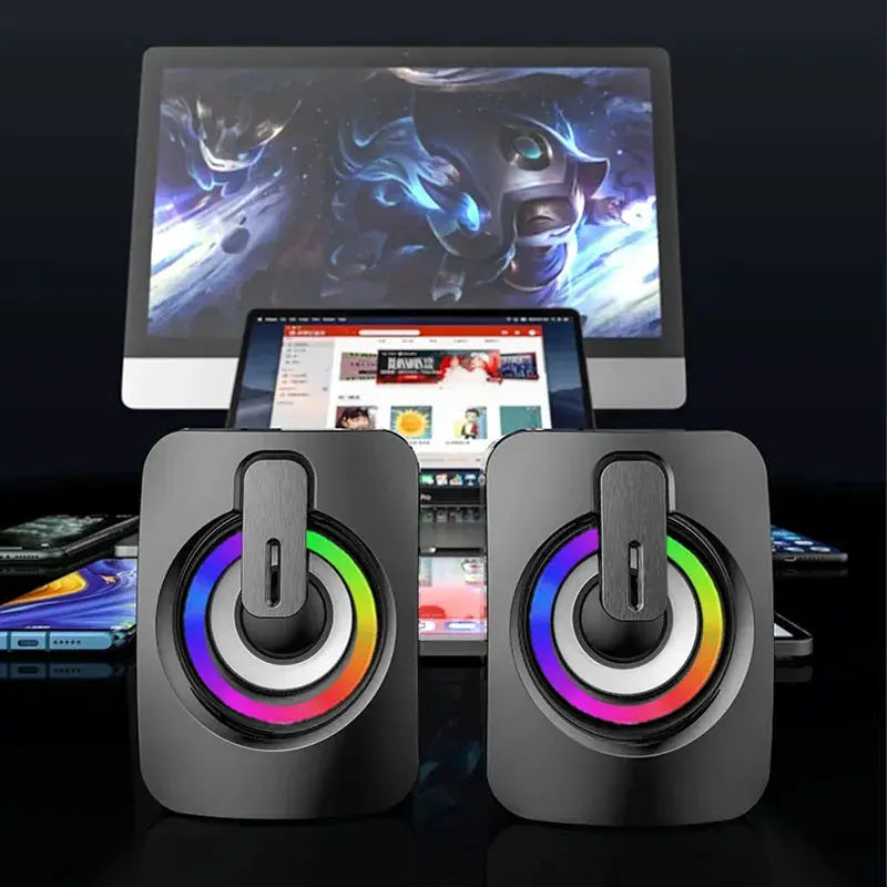 Desktop computer speakers pair with rainbow RGB rings