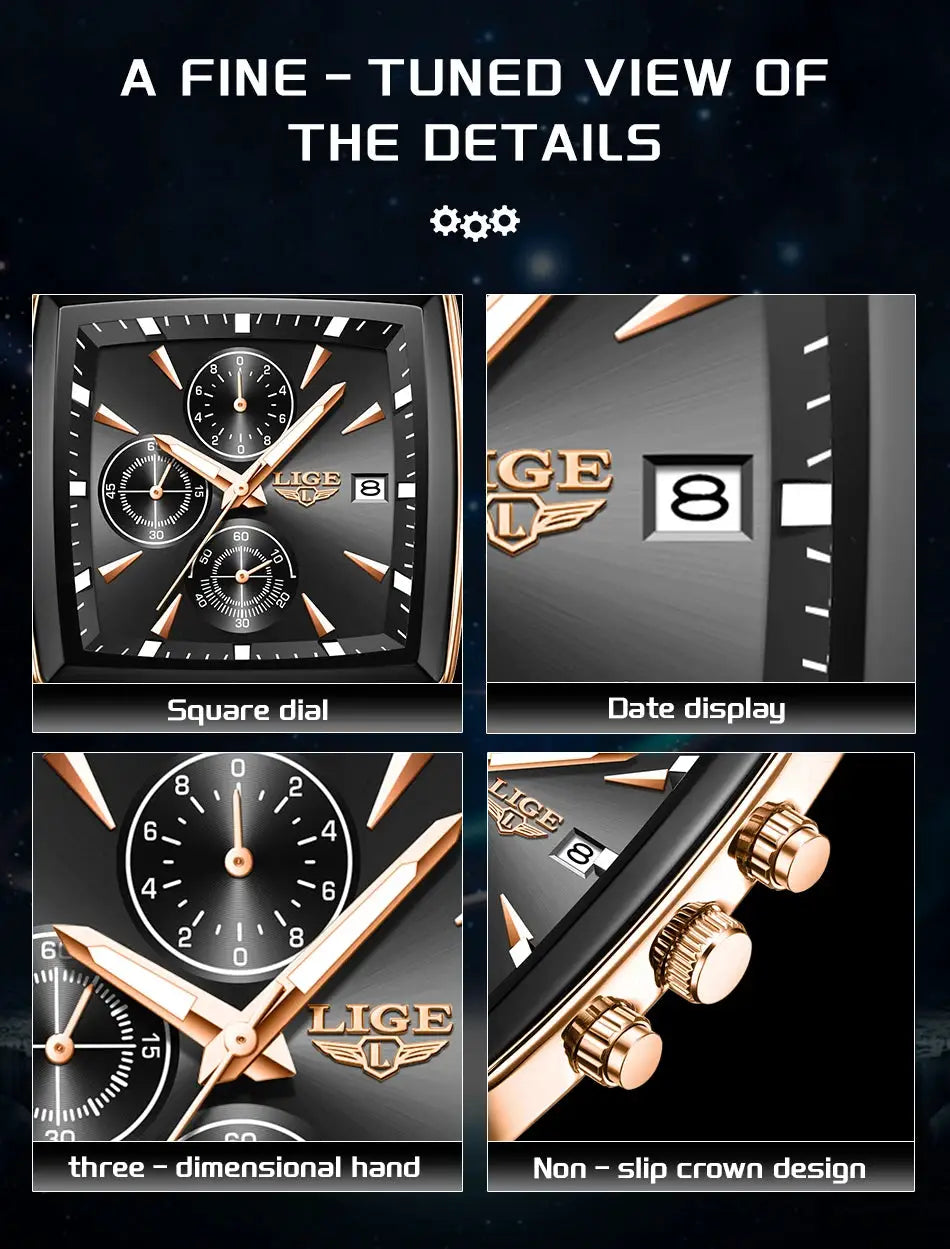 LIGE square-dial men's watch in stainless steel with chronograph, date, luminous hands, waterproof; comes with box