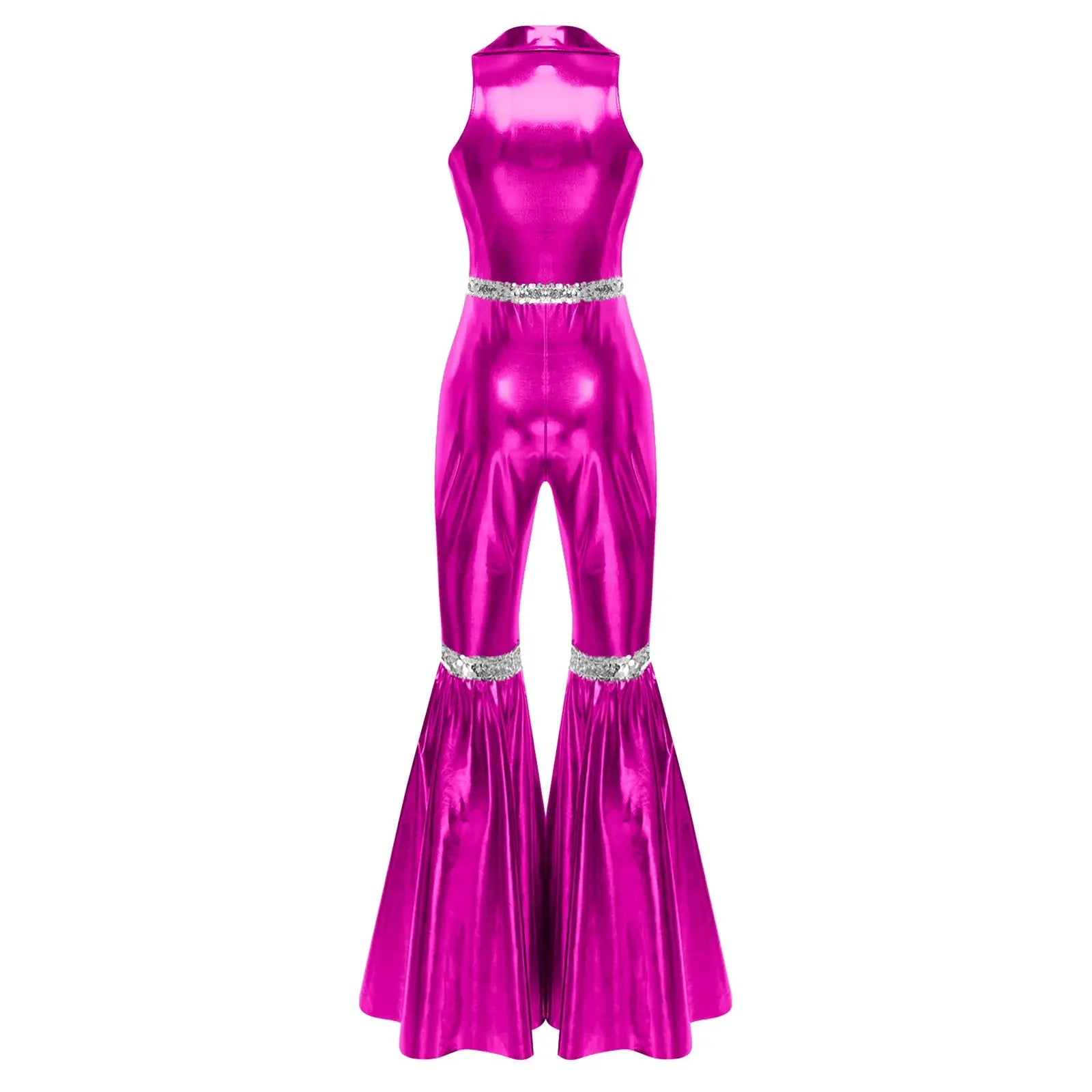 Disco jumpsuit by Simples Market in magenta metallic fabric with rhinestone belt and bell-bottom pants