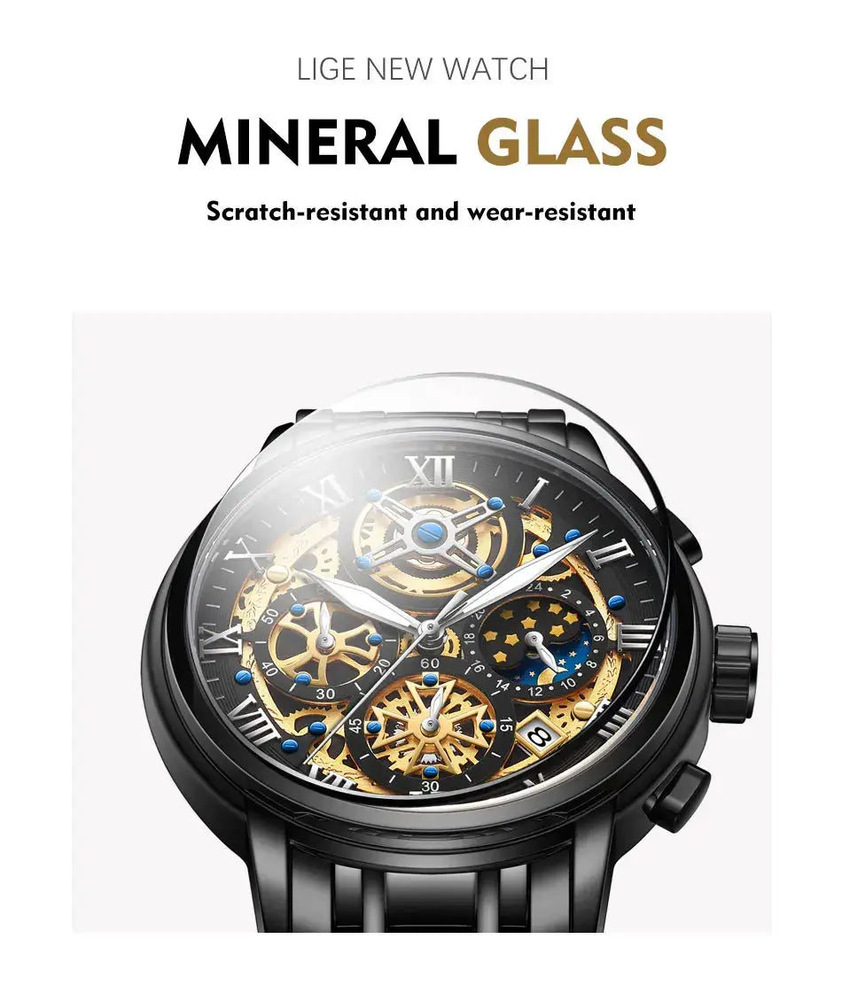 LIGE men's skeleton-dial chronograph watch with black metal band and gold gears