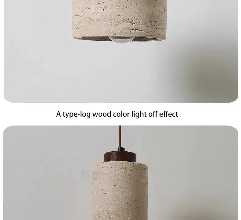 LED pendant lamp with beige stone-textured shade and wood top, retro Nordic style