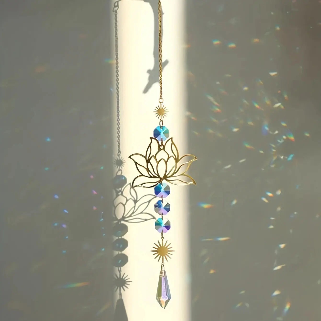 Metal Lotus Suncatcher Charm with Artificial Crystals Handmade Wind Chime Pendant for Home Garden Decoration