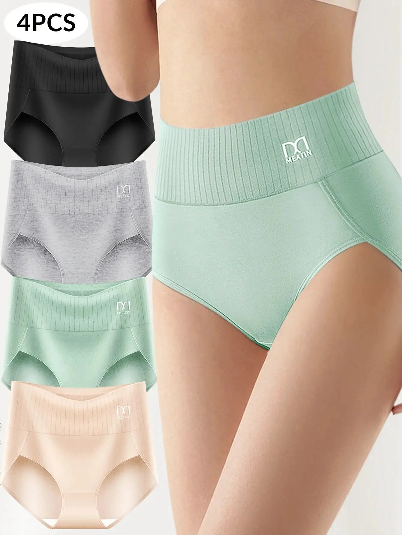 4pcs high-waisted tummy-tightening cotton panties in black, gray, mint, beige with Meatin logo