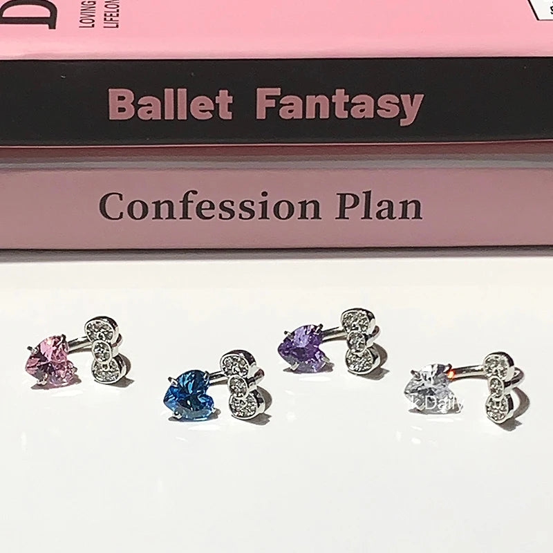 Five colorful bowknot love-heart zircon ear bone earrings in pink, blue, purple and clear
