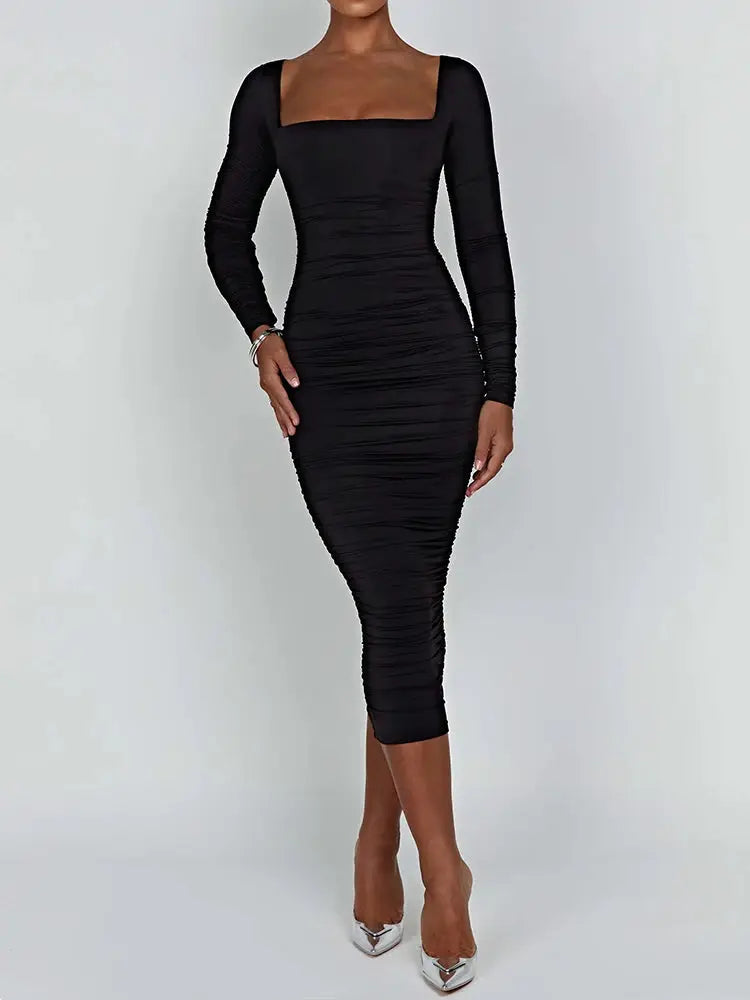 Autumn Winter Women Bodycon Dress Square Neck Long Sleeve Evening