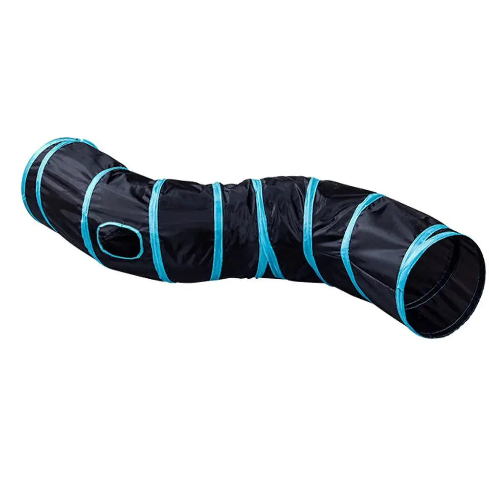 Cat tunnel, black fabric with blue trim, foldable indoor cat toy.